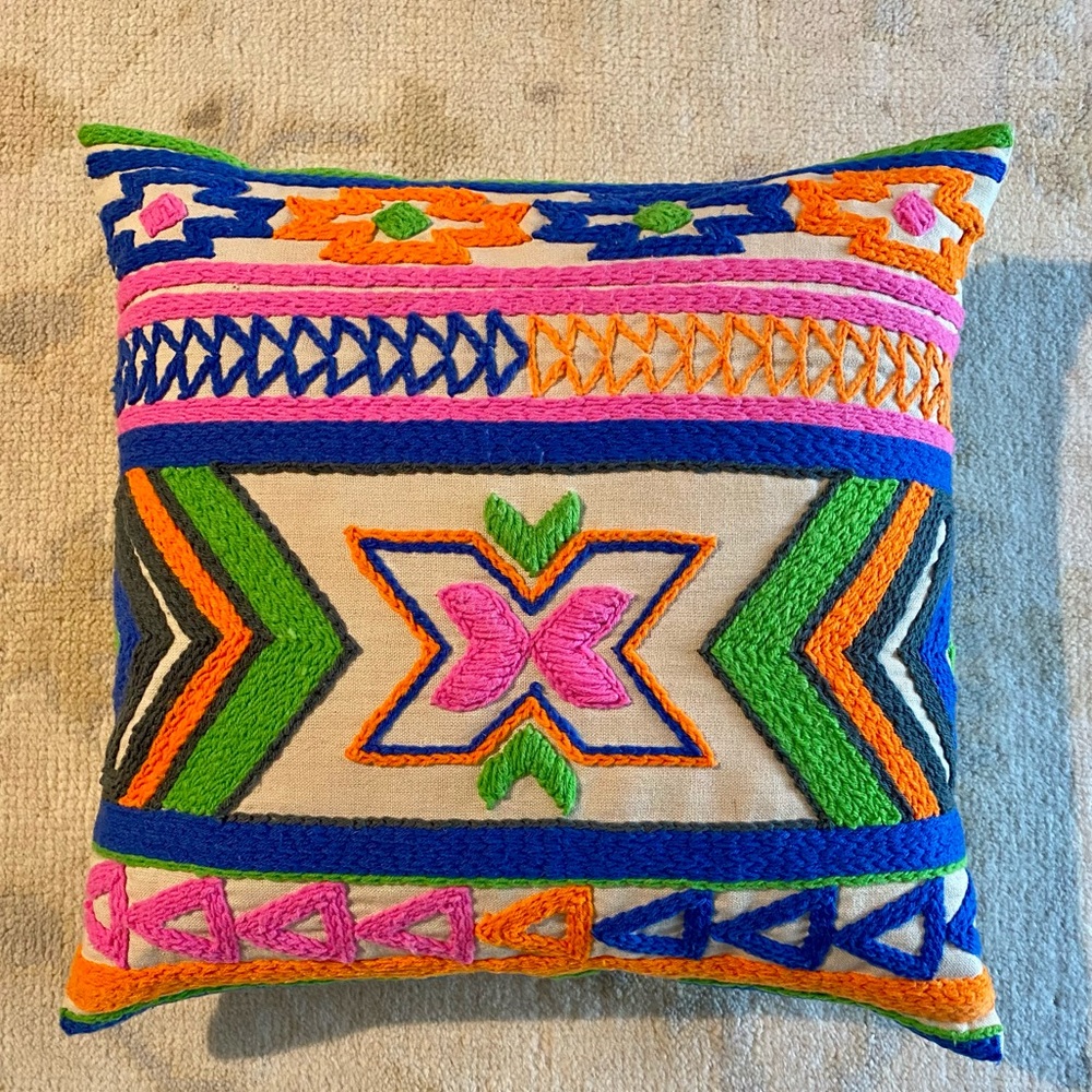 CB2 16” kilim neon tribal embroidery throw pillow